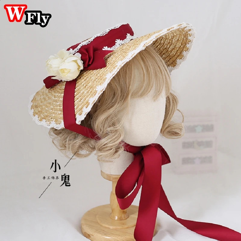 Japanese Women Girls Lolita Sweet Handmade Straw Sun Hat Lace Flower Ribbon Bandage Bowknot Wide Brim Elegant Straw hats 250420