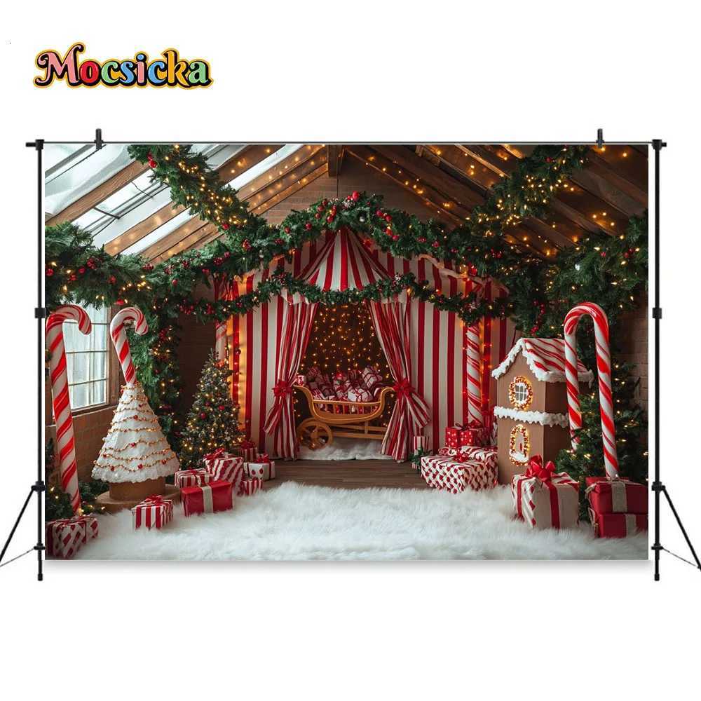 Christmas Candy Cane Tent Background Photography Xmas Gifts Sleigh Pine Tree Gift Backdrop Decor Kids Indoor Winter PhotoboothM251125