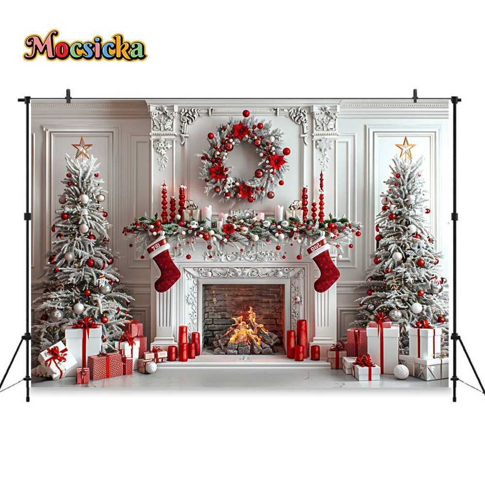 White Fireplace Photography Backdrop Christmas Red Garland Xmas Tree Candles Background Winter Retro Room Family Photo StudioM251125