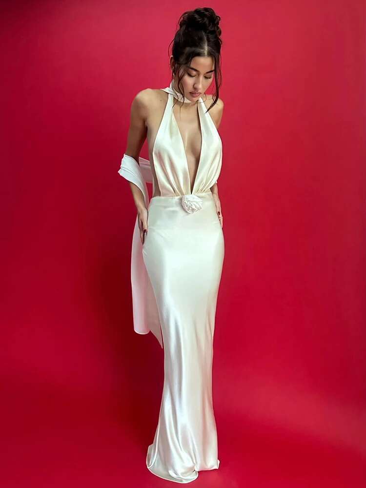 Dongdumaoyi Townlike Satin Deep V Neck Sexy Party Dress Women Halter Spring Summer Backless Nightclub Maxi Long Dresses Vestidos