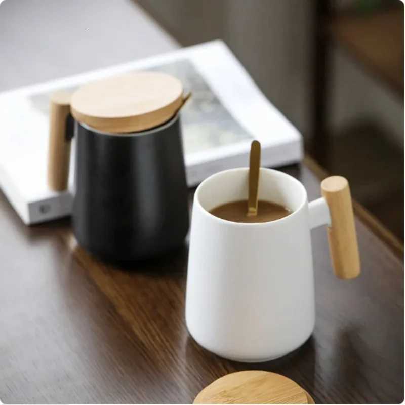450ML Vintage Wooden Handle Ceramic Coffee Mug Nordic Design Lid Porcelain Tea Milk Cup Drinkware Gift for Couple Office Y251125
