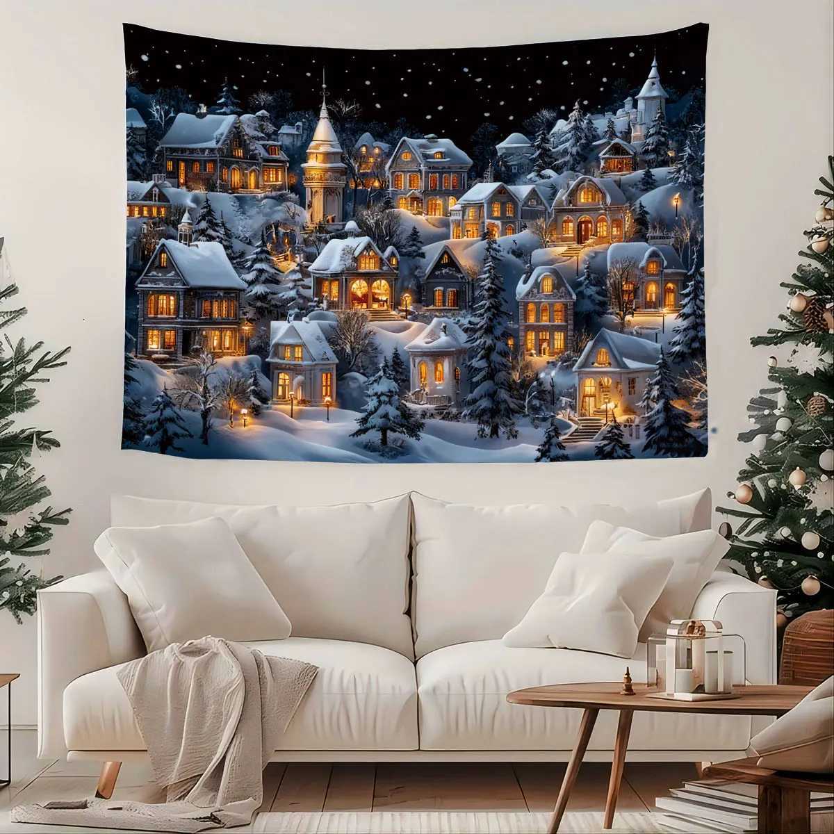 1pc Christmas Eve Snowscape Town Print Tapestry Living Room Wall Decoration Background Cloth Machine Washable Space PendantM251125