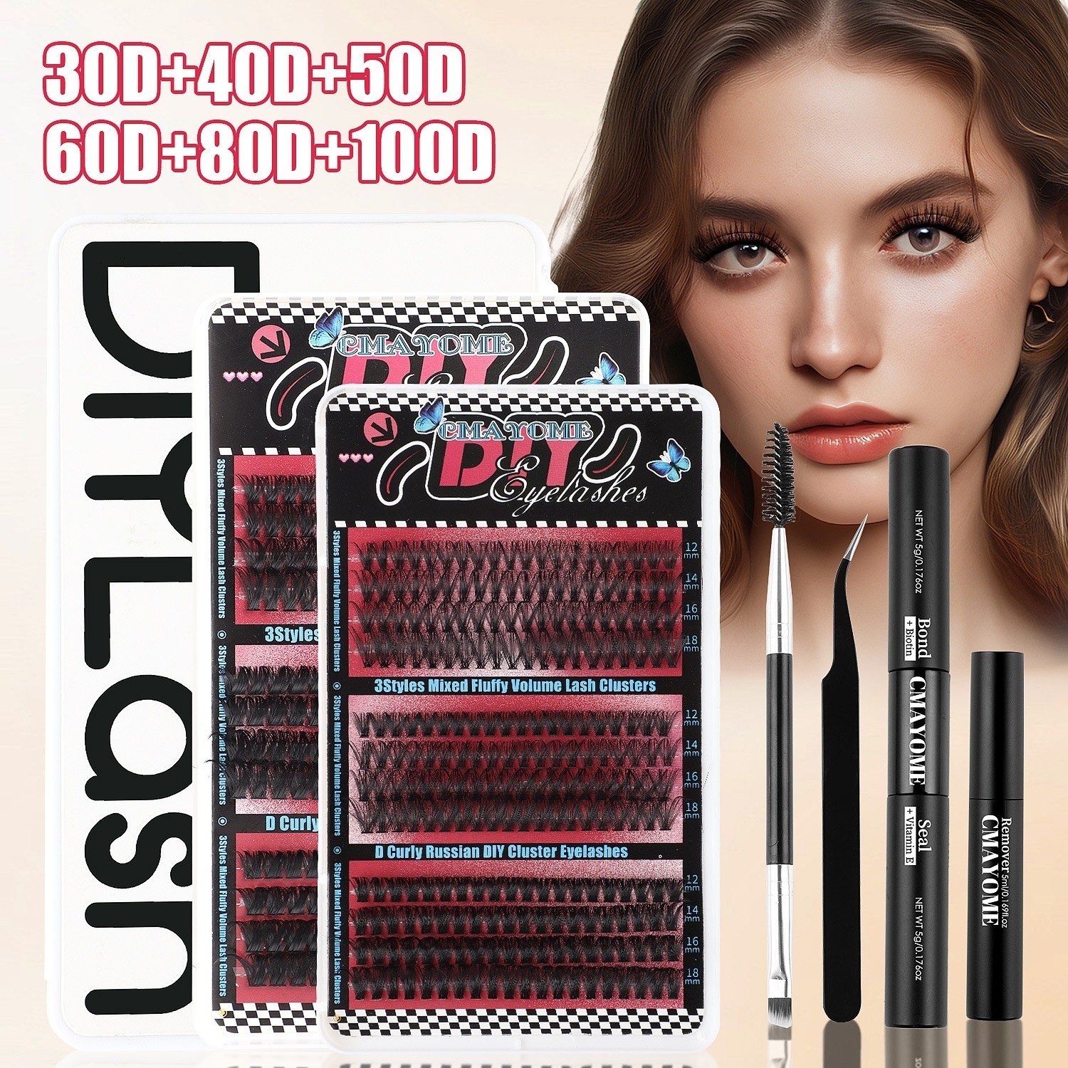 DIY Lashes Kit 402Pcs Cluster Segmented Eyelash Extensions Thick Fluffy Individual Eyelashes D Curled Handmade Reusable Grafted Lashes