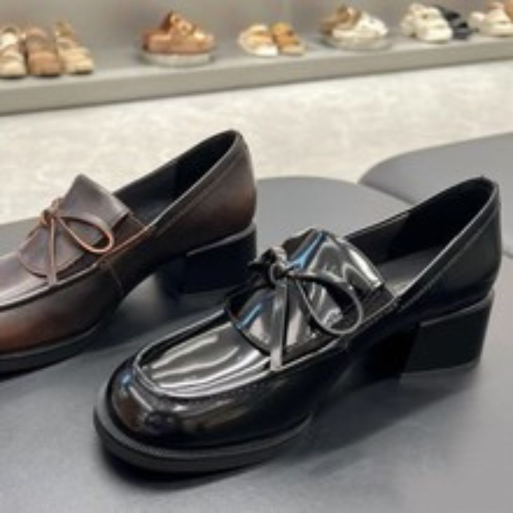 Women's Black Patent Leather Bow Loafers, Block Heel Casual Daily Commute Dress Shoes---168-2