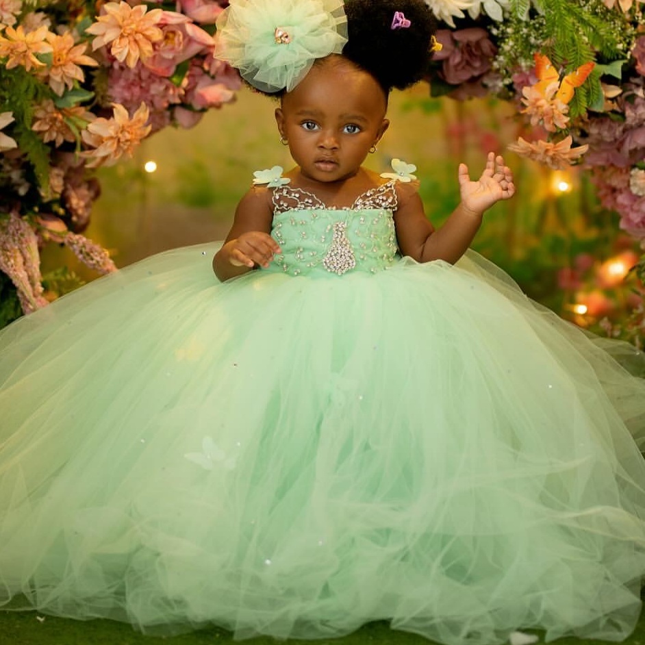 2026 Mint Ball Gown Flower Girl Dresses Sheer Neck Crystals Tulle Elegant Little Girl Christmas Peageant Birthday Christening Tutu Dress Gowns ZJ422