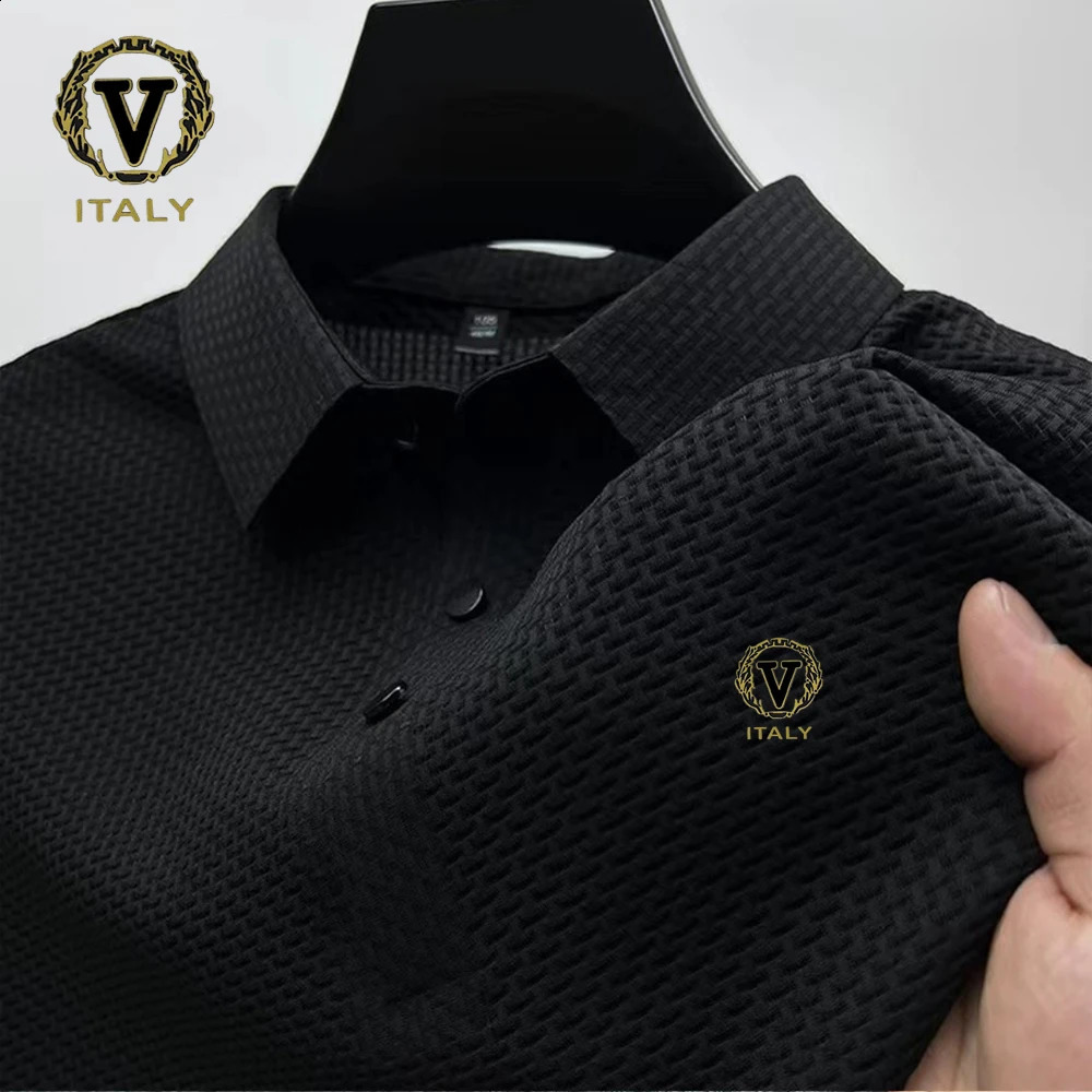 Fashionable printed ice silk elastic polo shirt summer breathable mens business short sleeved top 250422