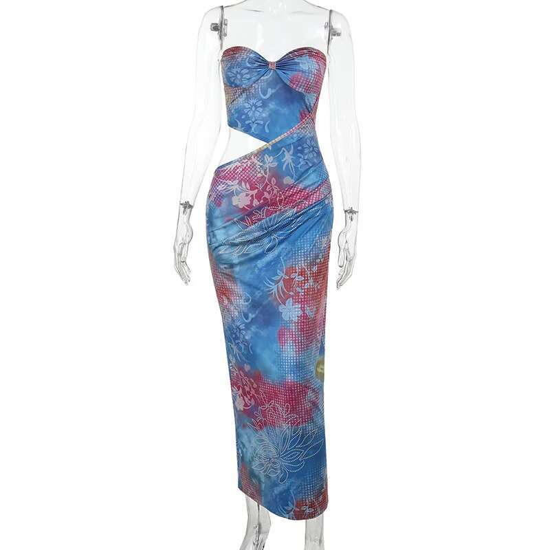 Dongdumaoyi Townlike Print Slim Bodycon Dress Women Strapless Spring Summer Maxi Long Hollow Out Nightclub Sexy Party Dresses