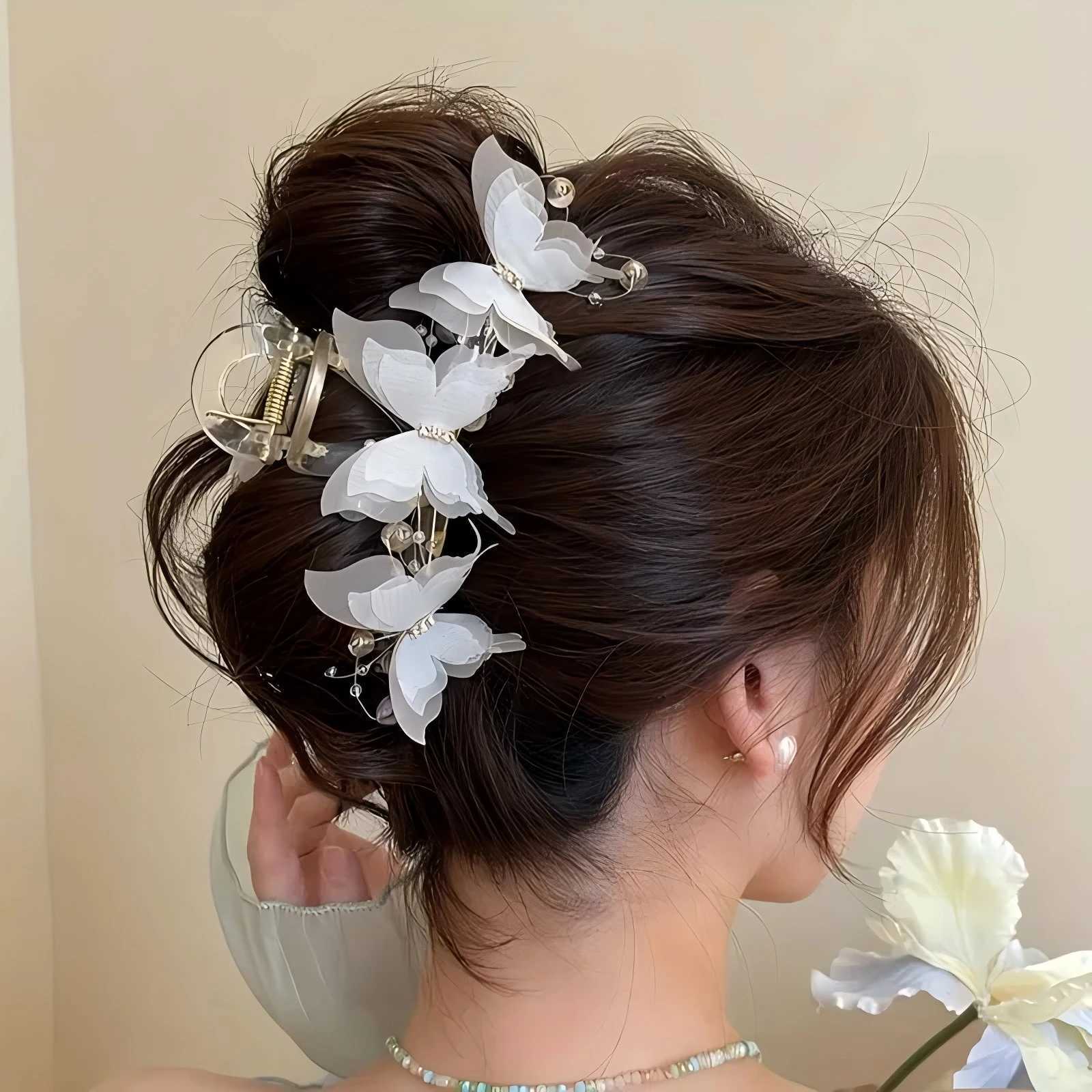 2 fashionable butterfly hair clips elegant pearl bow ponytail clips daily accessories beautiful hairstyle tools womens hair clipsT250425