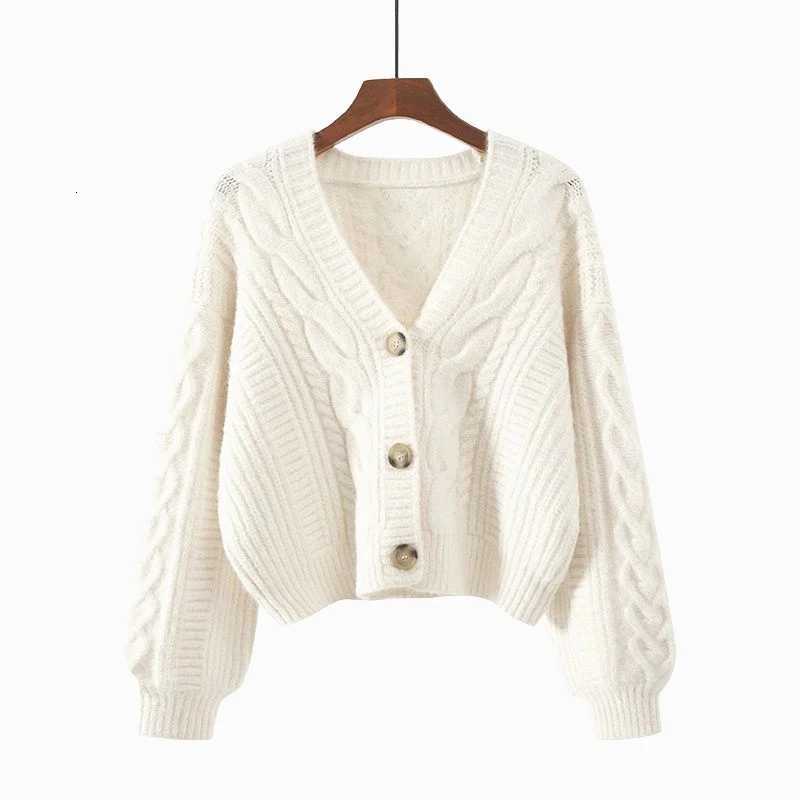 Simple Loose V-neck Retro Fried Dough Twists Casual Womens Knitting Cardigan Autumn and Winter Korean Solid Short Sweater CoatT251125