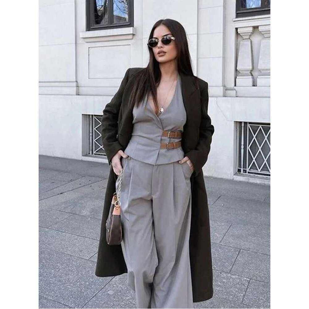 ZABA Women's Fashion With Belt Hanging Neck Halter V-Neck Top + Casual High-Waisted Pleated Suit Pants Two-Piece Set