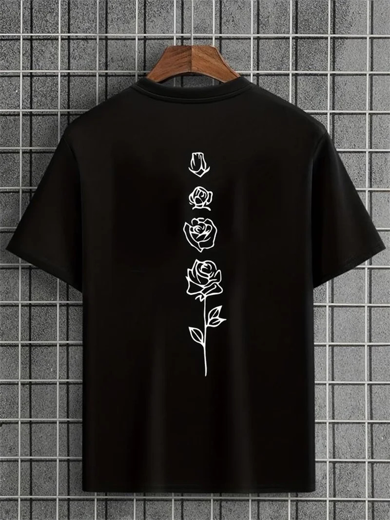 Mens Summer Loose Set 100 Cotton Rose Pattern Printed T-shirt Top 250423