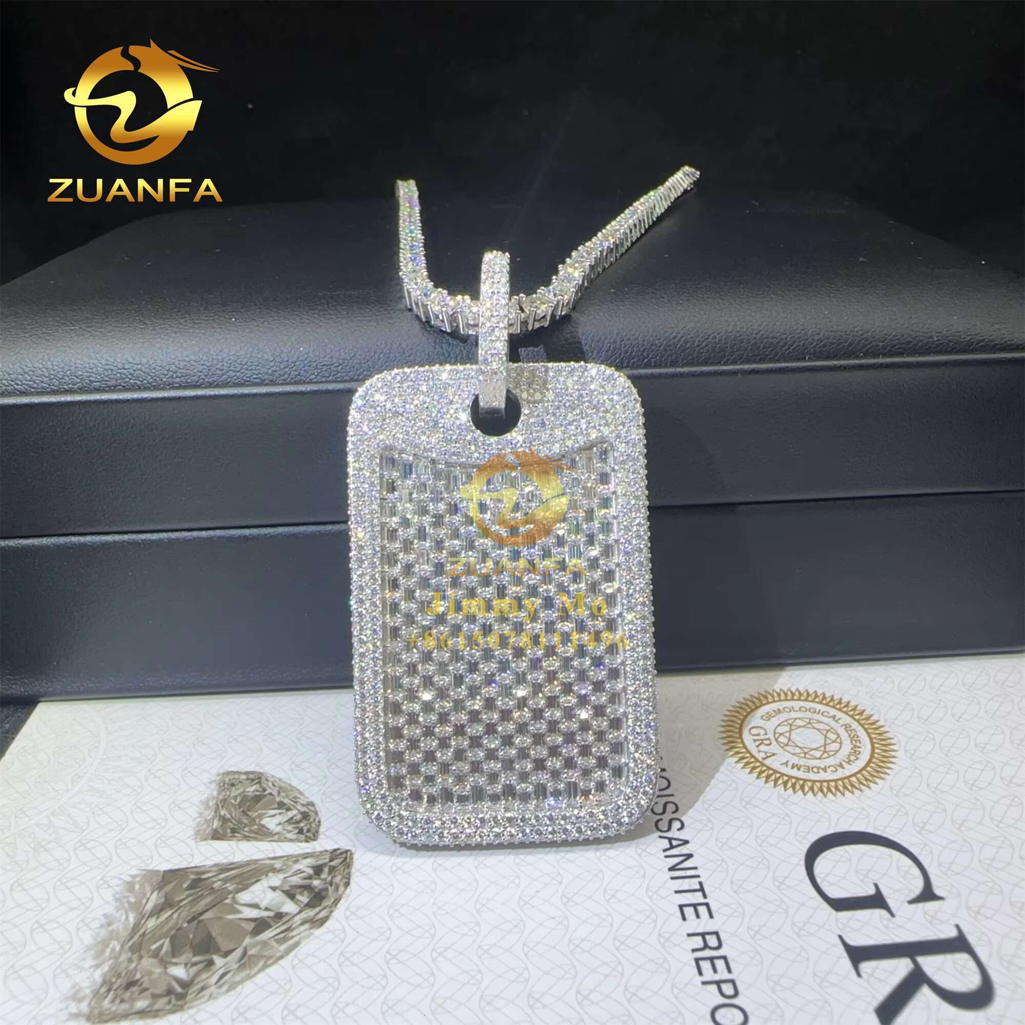 Custom Made Rapper Luxury Jewelry 925 Silver Iced Out Fully VVS1 Baguette Synthetic Moissanite Diamond Hip Hop Dog Tag Pendant