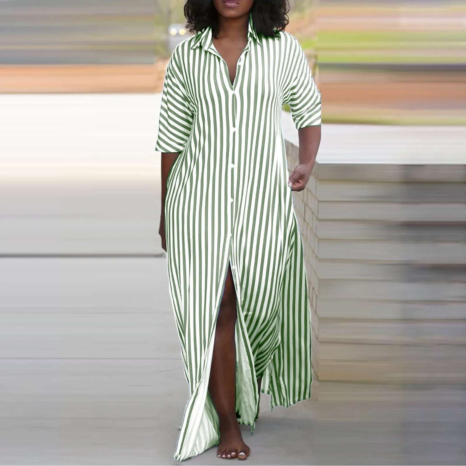 Dongdumaoyi Summer Shirt Dress Women Vintage Striped Printed Vestido Fashion Short Sleeve Robe Casual OL Irregular Knee Sundress