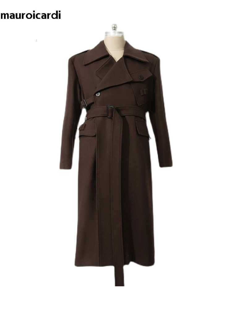 Mauroicardi Autumn Winter Cool Elegant Long Warm Black Woolen Trench Coat Men Belt Luxury Designer Clothes Wool Blends OvercoatT251125