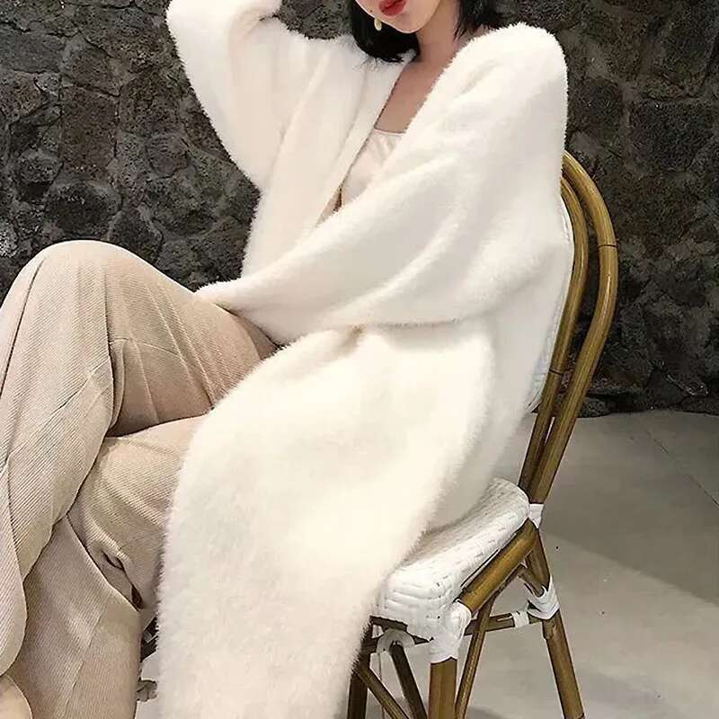 White Long Cardigan For Women Winter Clothes Knitted Fluffy Long Sleeve Cashmere Sweater Coat Clotkorean Style Warm Vintage