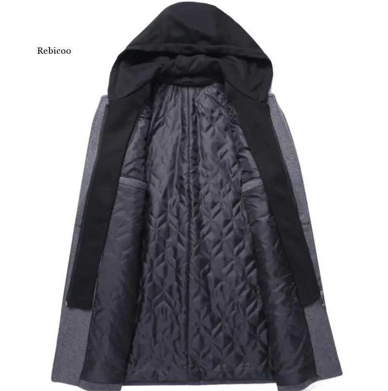 Autumn Winter Mens Hooded Wool Jacket Autumn Mens Long Windproof Wool Coat Casual Thick Slim Jacket MaleT251125