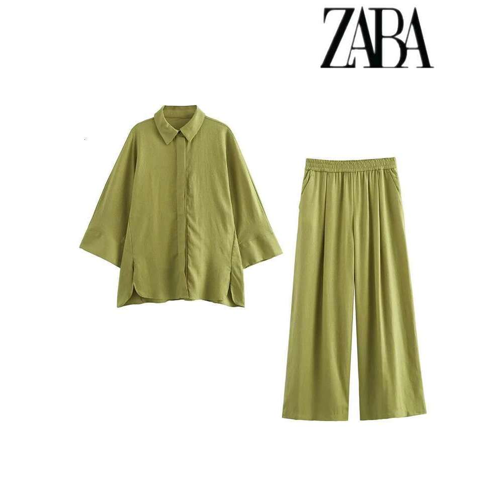 TRAF Women's Linen Blend Solid Color Loose Suit Flip Lapel Single Breasted Long Sleeve Shirt High Waisted Wide Leg Pants Set