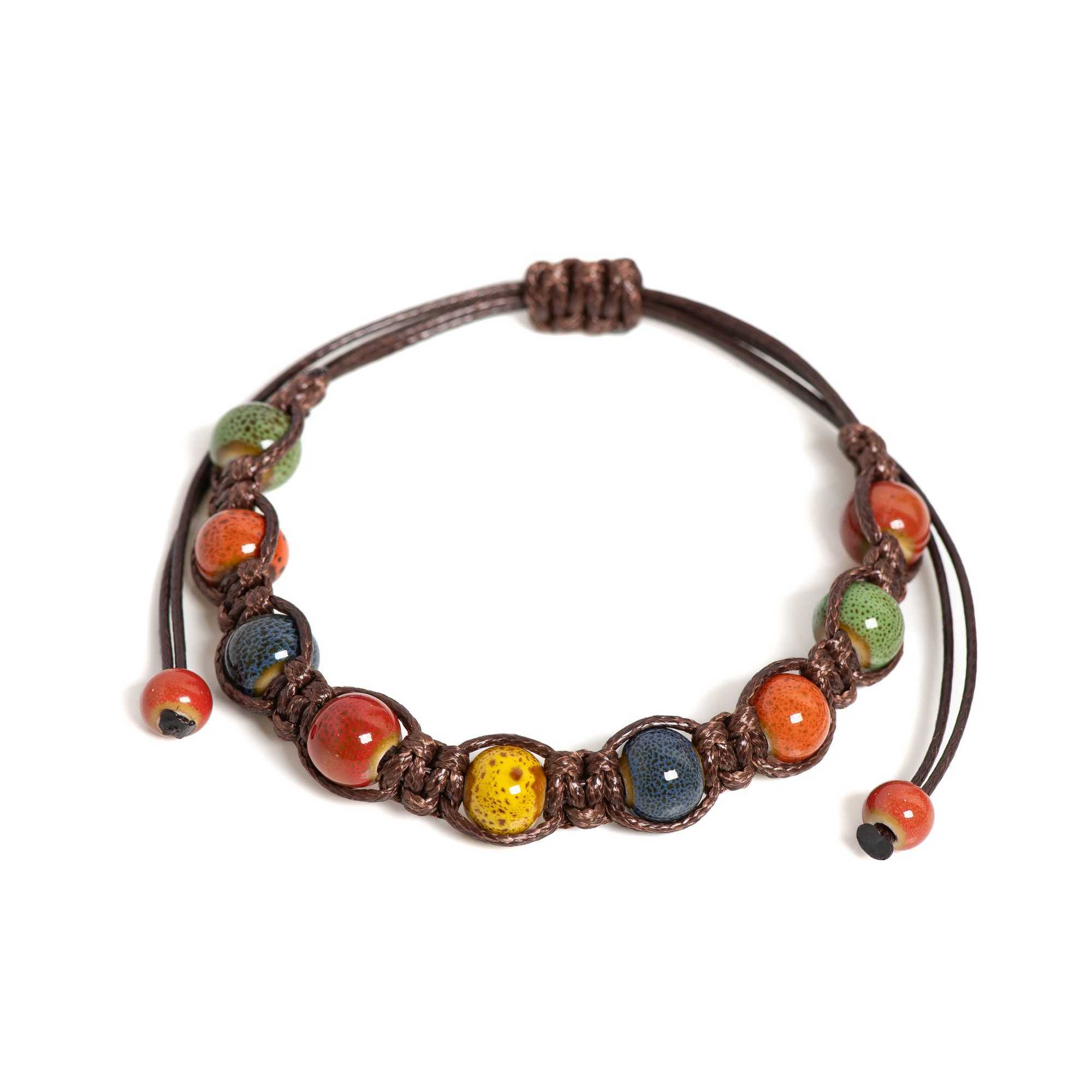 Handmade Colorful Ceramic Bracelet Coffee Cord Adjustable Bohemian Artistic Jewelry 1151 J251125