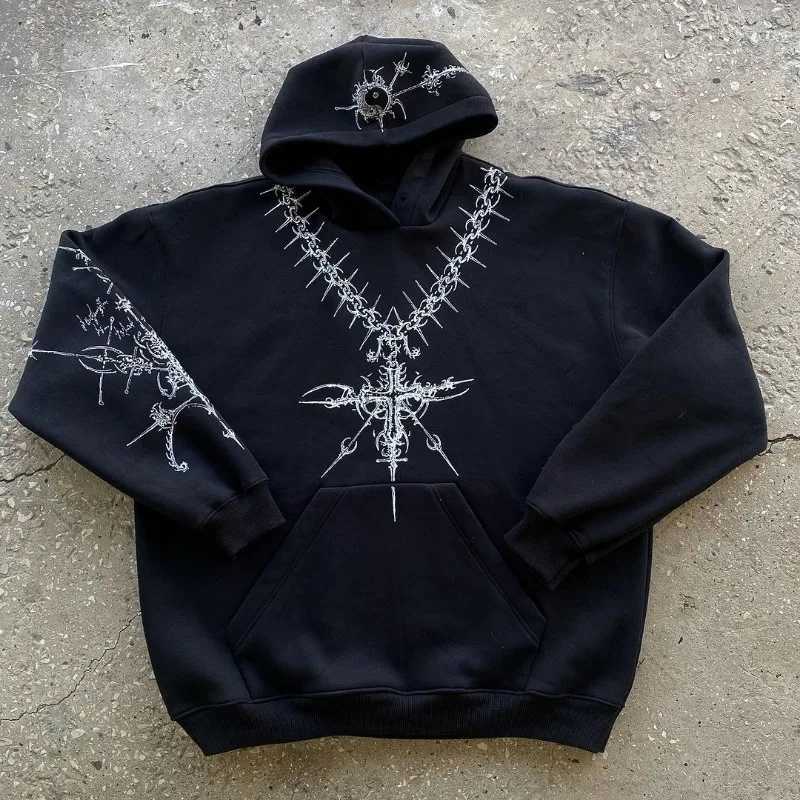 Gothic punk graphic printing oversized sportswear hip-hop rock black casual loose hoodie mens fashion Harajuku retro Y2K streetwear w250425
