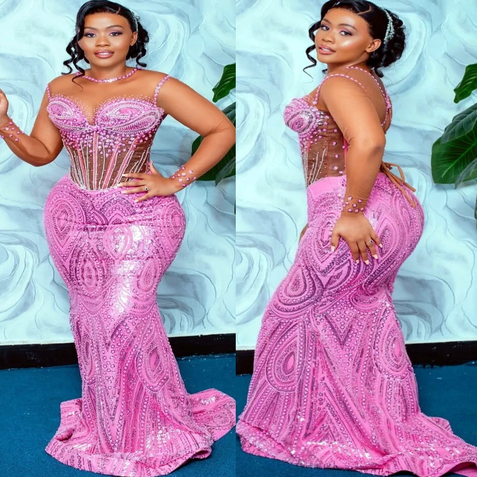 Pink Mermaid Plus Size Prom Dresses 2025 Illusion Sequined Beaded Sheer Neck Evening Formal Party Second Birthday Engagement Gowns Dress For Special O