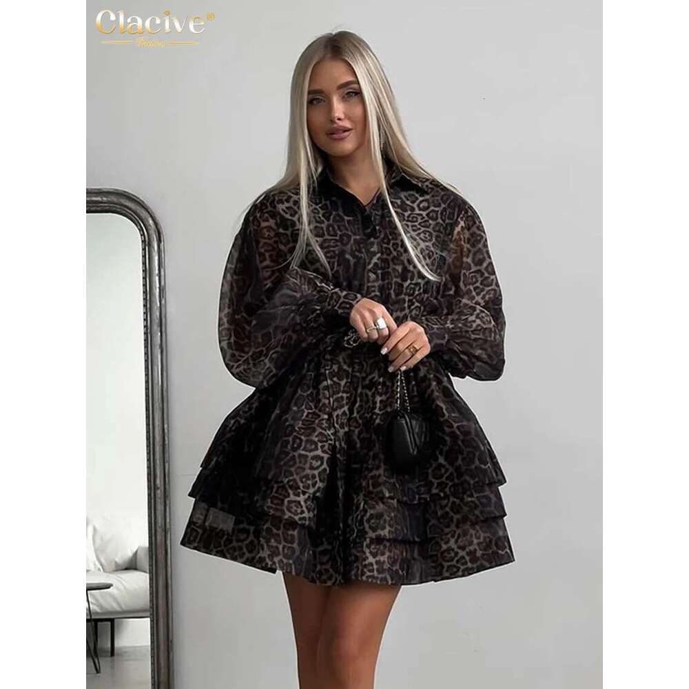 Clacive Fashion Leopard Print Women's 2024 Vintage Lapel Long Sleeve Mini Dresses Elegant High Waist Pleated Female Dress