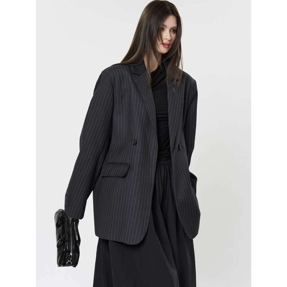 Women's Casual Striped Pocket Decoration Double Breasted Loose Jacket Blazer
