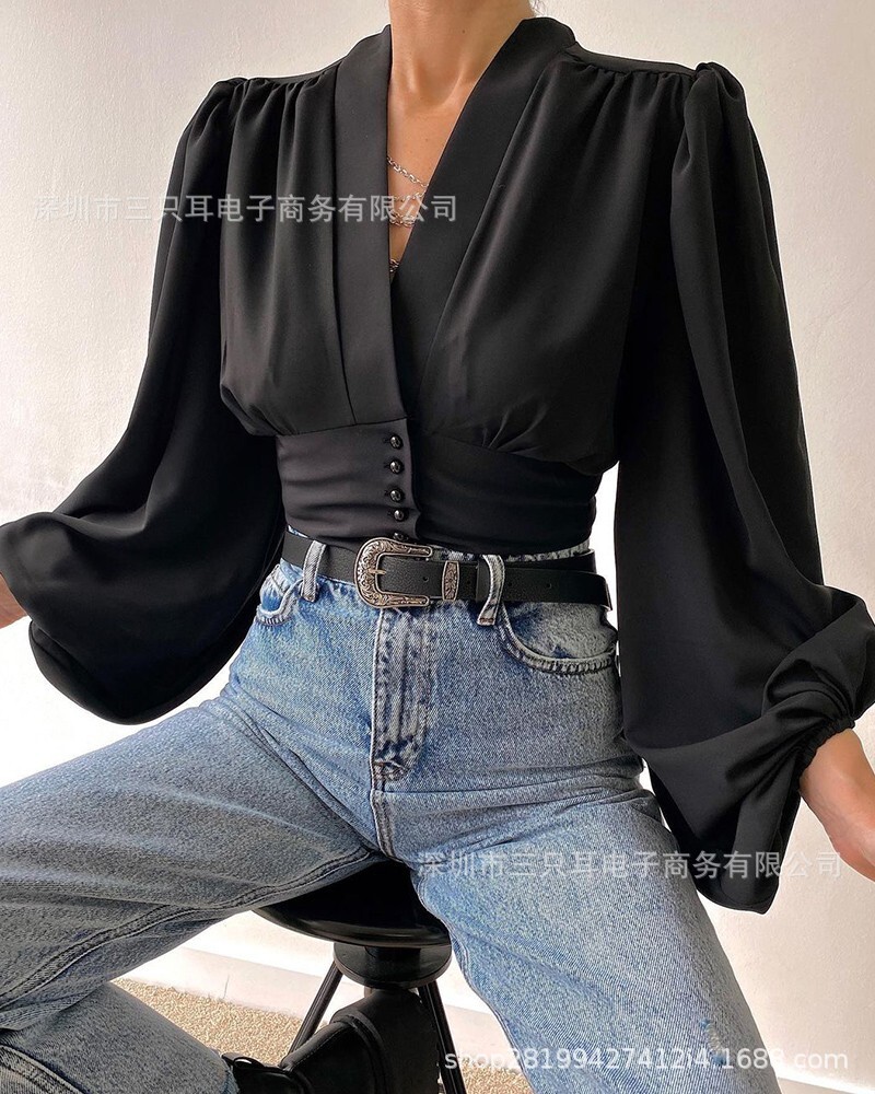 Spring 2021 new style button V-neck Lantern Sleeve Top Shirt
