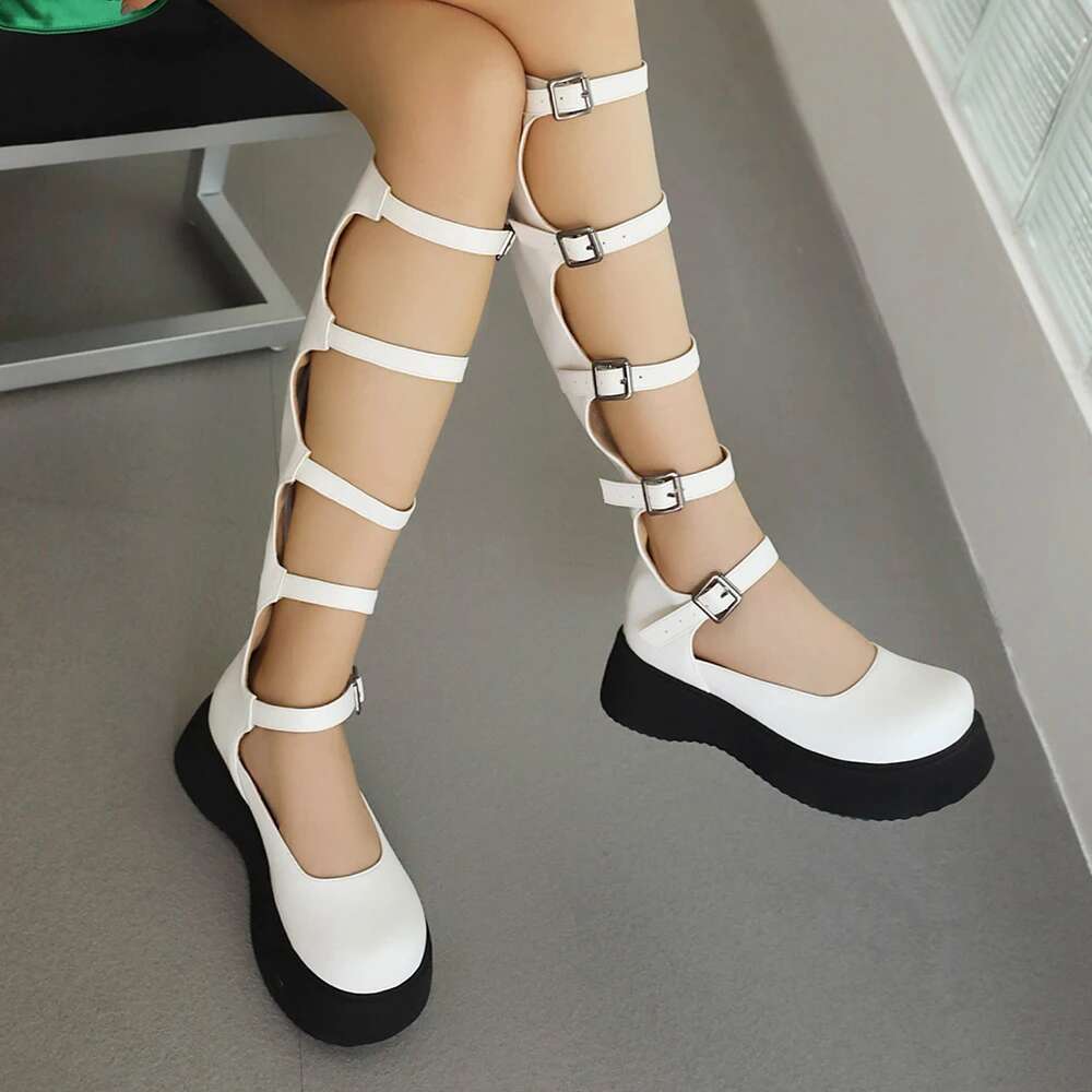Girl Wedges Thick Platform Mary Janes Buckle Hollow Motorcycle Cool Boots Sandals New Designer Lolita Women Shoes