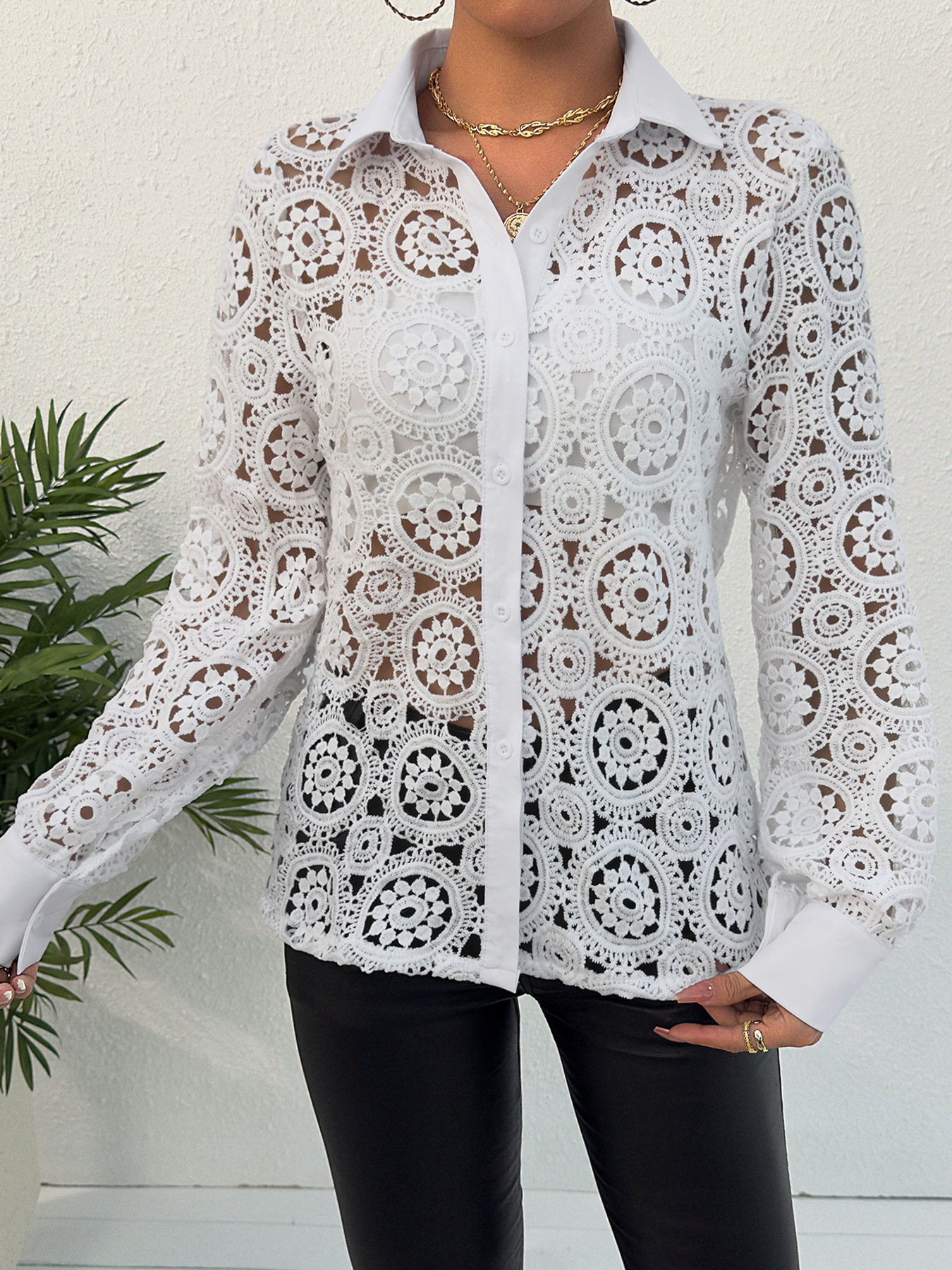 2024 Spring New Long sleeved Lace V-neck Womens Shirt Womens Wear