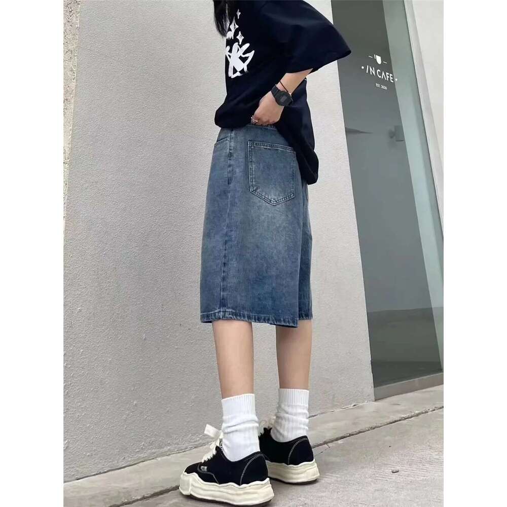 High Street Retro Blue Jean Shorts Women Summer Hip Hop Baggy Wide Leg Denim Half Pants Fashion Streetwear Y2k Clothing Oversize