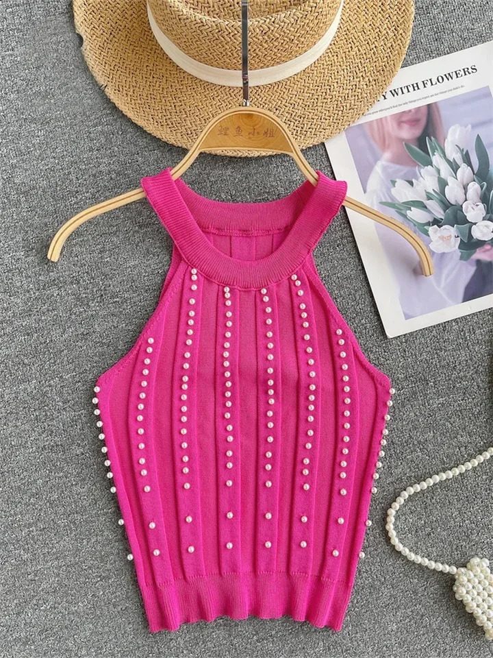 Zik Hekiy Pearls womens top strapless backless slim fit premium Korean fashion streetwear mini knit vest 250422
