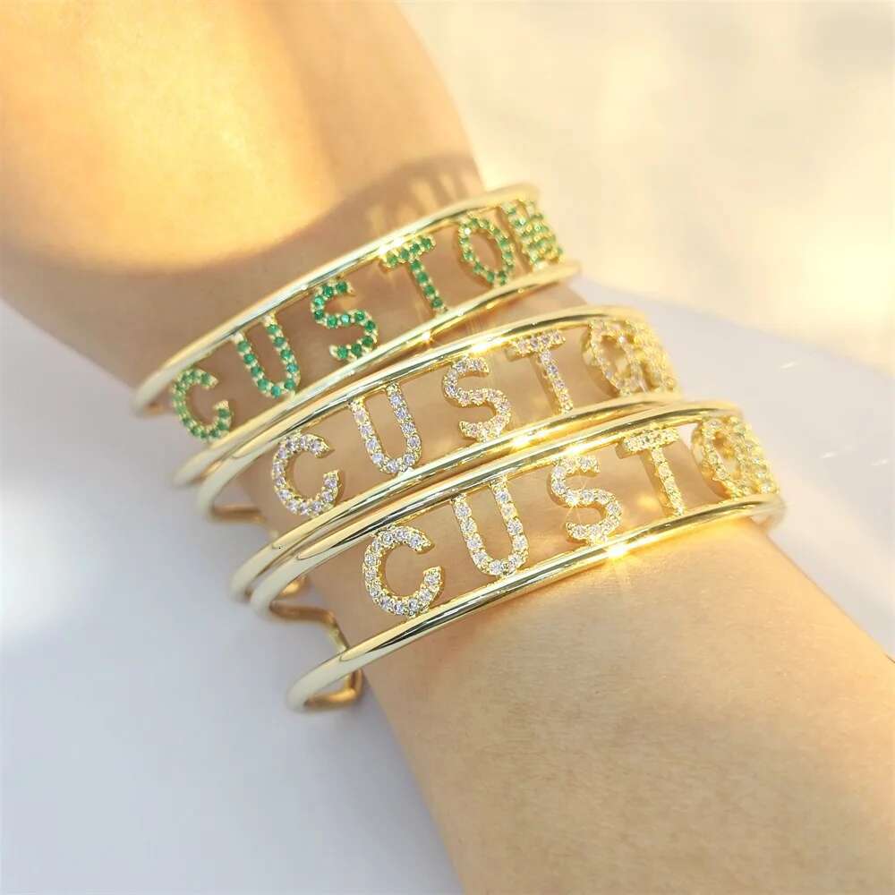Doremi 9mm Letter Colorful Zircon Cuff Custom Initial Name Hallow Bangle Personalized Adjustable Women Gifts Jewelry