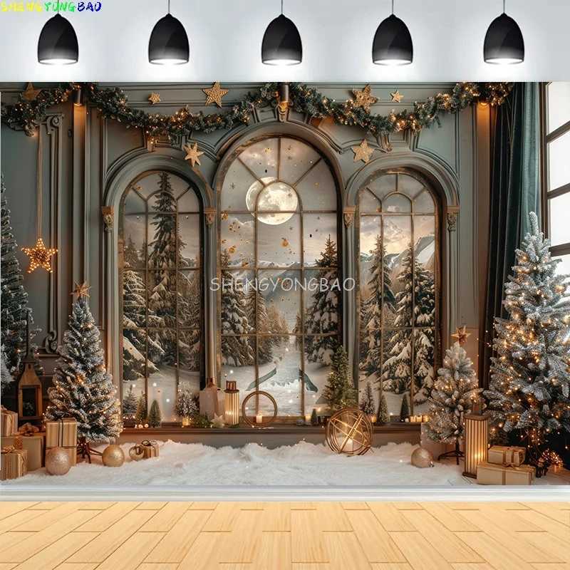 Christmas Scene With Large Window Mountain Photography Backdrops New Years Eve Family Party Gift Photo Studio Background HC-02M251125