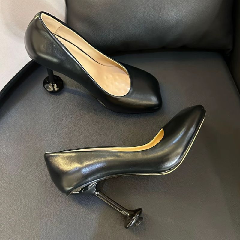 Women's Black Square Toe Patent Leather Stiletto Heels, Unique Decorative Heel Elegant Office & Evening Dress Shoes--168-5