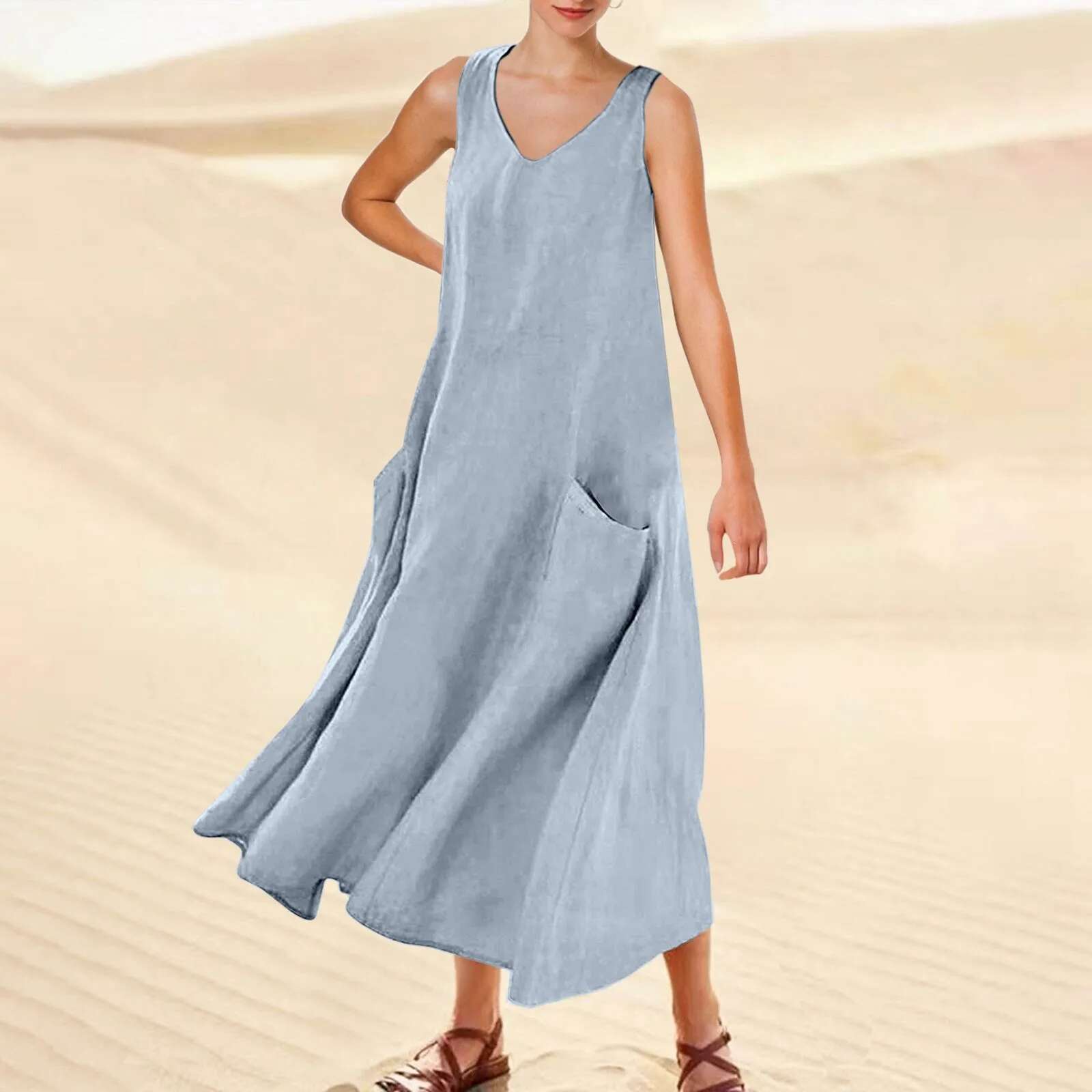 Dongdumaoyi Women S Sundress V Neck Long Dress With Pocket Solid Cotton Linen Summer Causal Loose Sleeveless Beach T Shirt