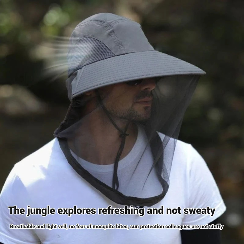 Outdoor Fishing Sun Hat for Man Woman Sun Protection Breathable Mosquito Insect Hat Wide-Brimmed Climbing Hiking Fishing Hats 250424
