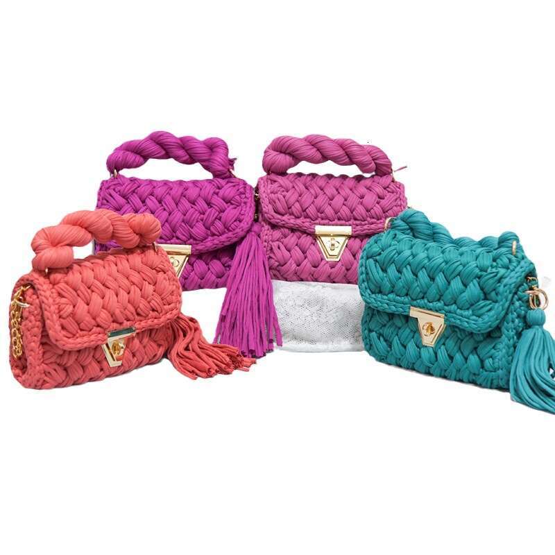 designer Hot Sale Woven Color-Block Handmade DIY Finished Fabric Strip Yarn Crochet Crossbody Bag