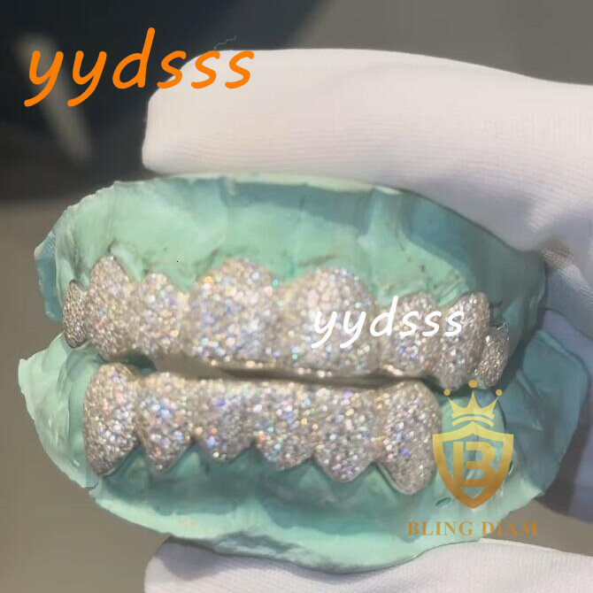 Hip Hop Jewelry Shine 8 TOP and 8 Bottom VVS Moissanite Grillz 925 Silver Iced Out Rapper Tooth Grillz Pass Diamond test