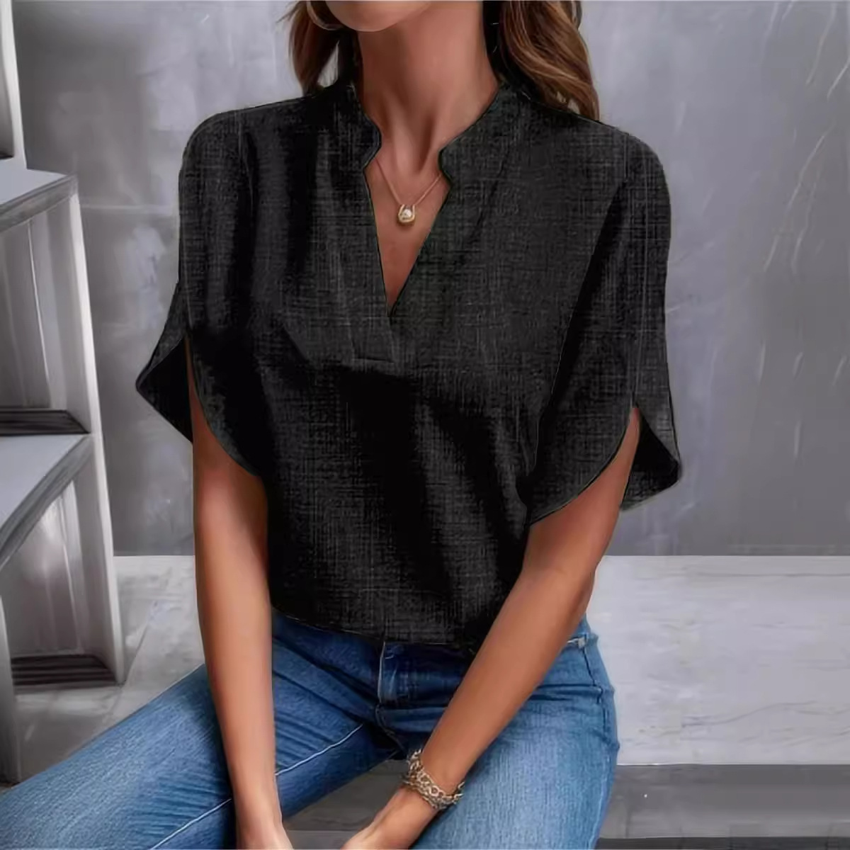 Womens 2024 summer solid color V-neck off shoulder loose linen shirt top for women