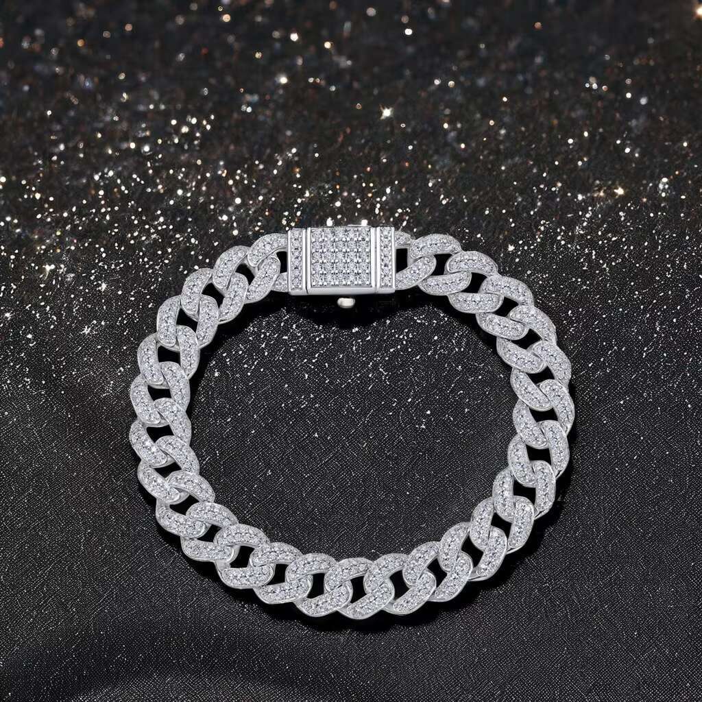 Linyin Custom Wholesale 925 Sterling Silver Jewelry Pure Silver Moissanite Cuban Chain Bracelet High Quality and Stylish.