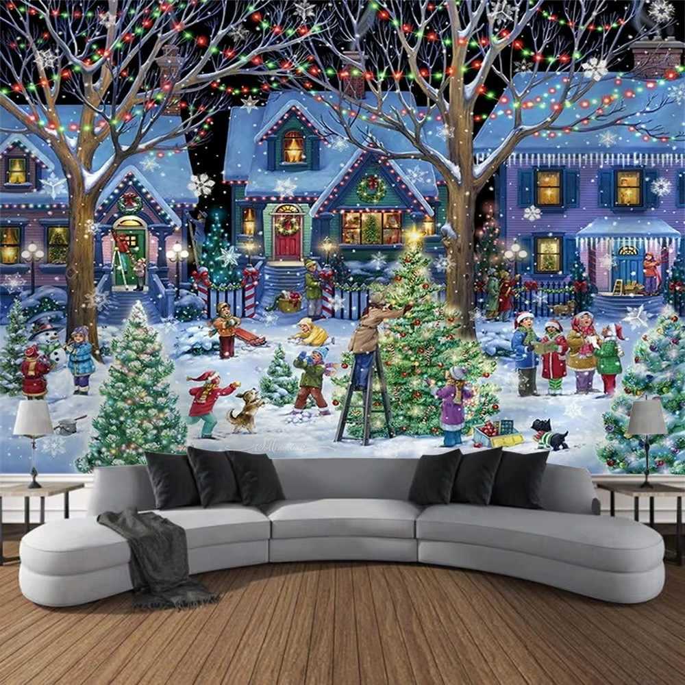 Christmas Tapestry Wall Hanging Elk Santa Claus Tree Pattern New Year Gift Home Fabric Decor for Living Room Bedroom OfficeM251125