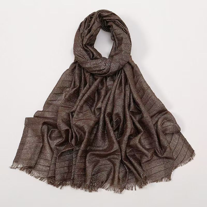 T558 new wide edge wrinkled breathable gold and silver silk wrinkled scarf solid color simple polyester soft headscarf female