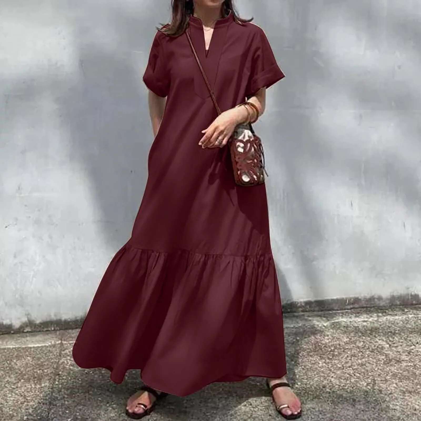 Dongdumaoyi Summer Bohemian Style Long Dress For Women Casual V Neck A Line Layered Ruffled Ankle Length Solid Loose Maxi Dresses