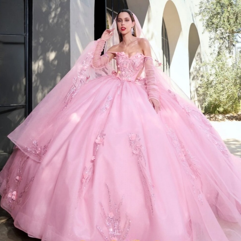 Pink Quinceanera Dresses Off Shoulder Ball Gown Sweet 16 Dress Applique Lace Beads Birthday Party Vestidos 15 De Anos
