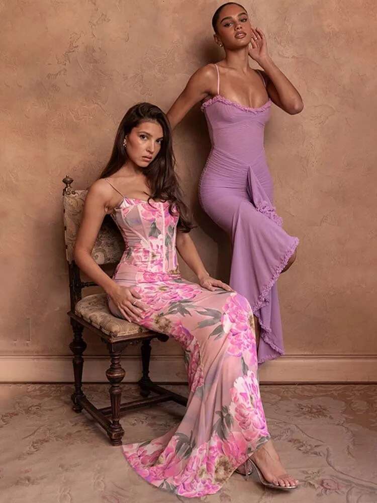 Dongdumaoyi Townlike Floral Print Slim Bodycon Dress Women Spaghetti Strap Spring Summer Nightclub Sexy Party Maxi Long Dresses