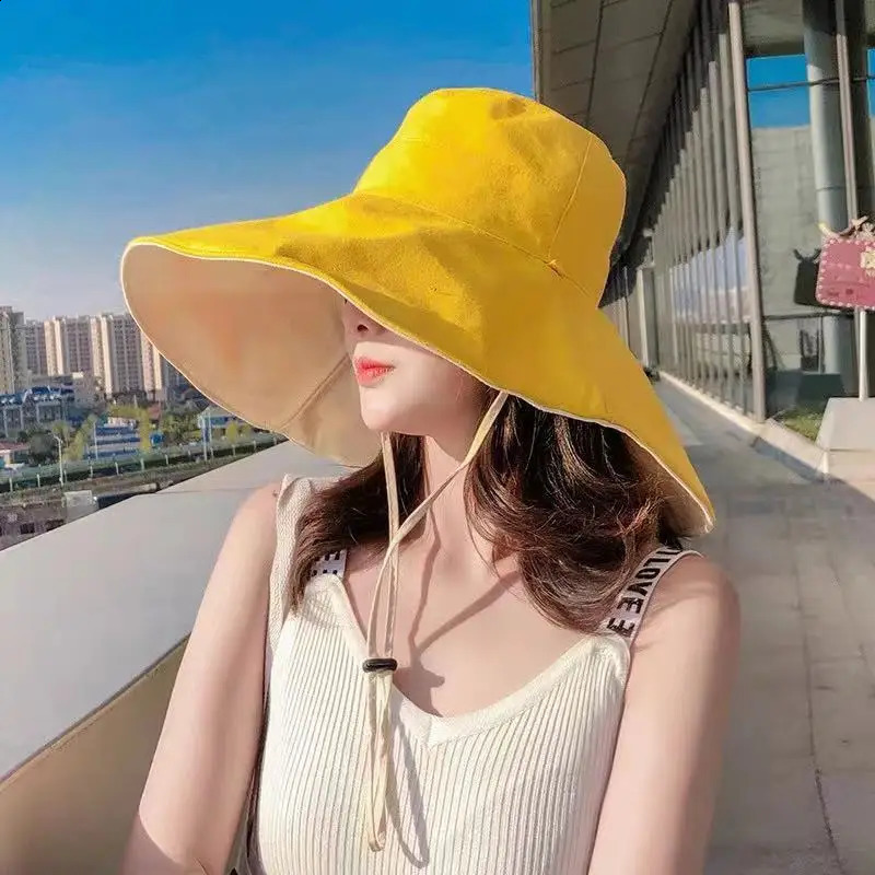 Wide Brim Sun Hat Women Anti-UV Protection Hiking Fisherman Cap Fold Summer Solid Cotton Breathable Beach Bucekt Hat 250424