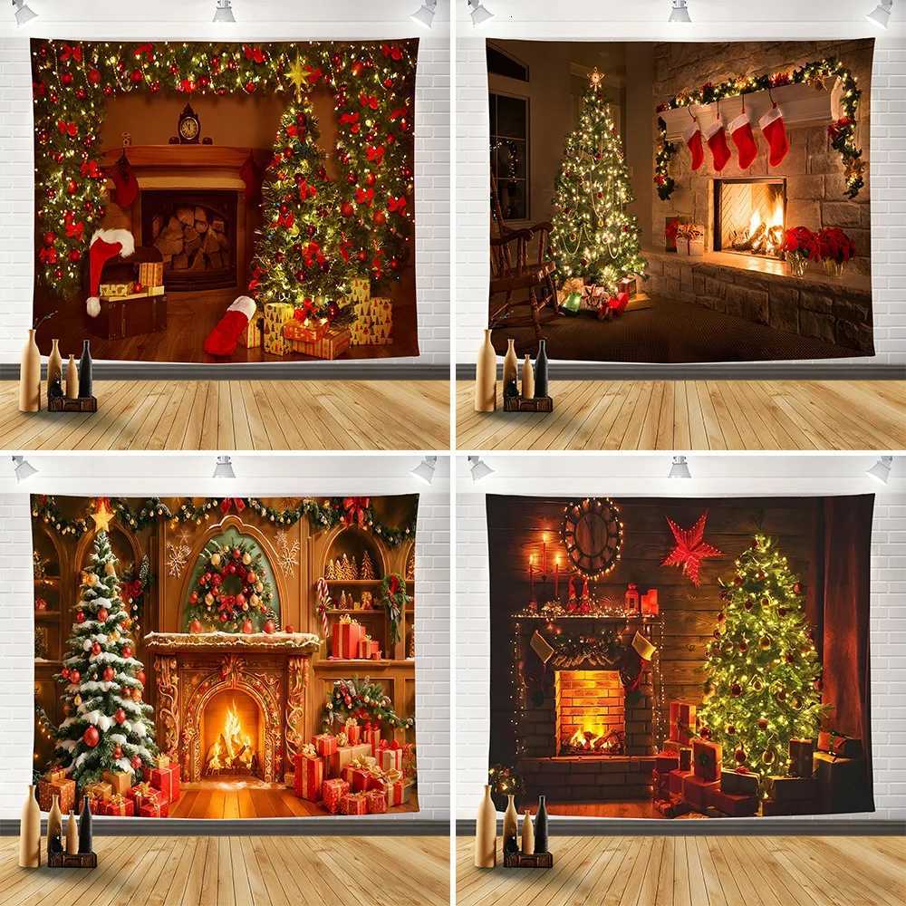 Christmas Decoration Tapestry Tree and Fireplace Scene Hanging Cloth for Holiday Decorations Living Room New Year Home DecorM251125