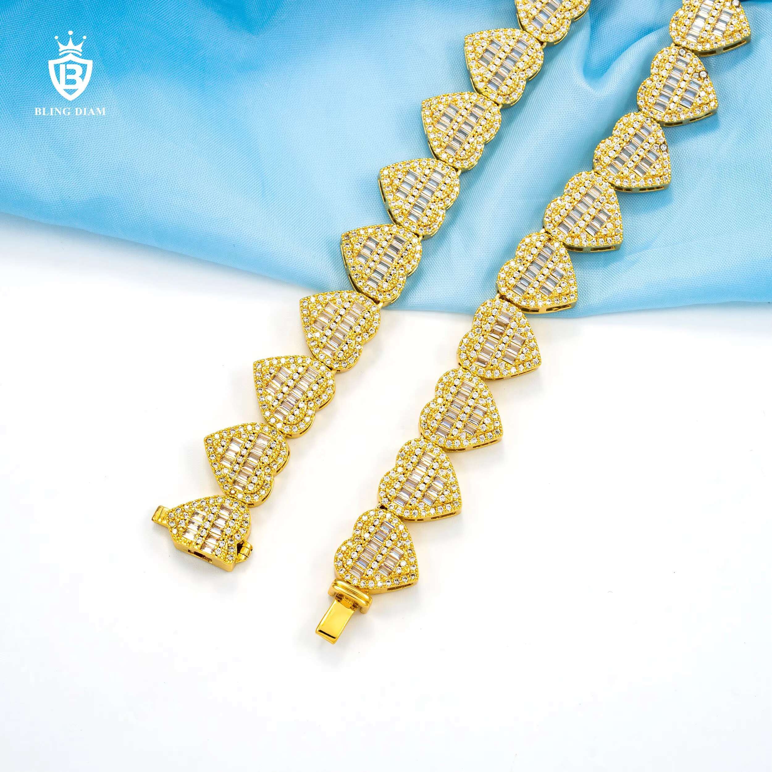New Design baguette Cubic Moissaniteia 13mm Heart Sterling Silver 925 Necklace Women Wholesale Cuban Link Chain