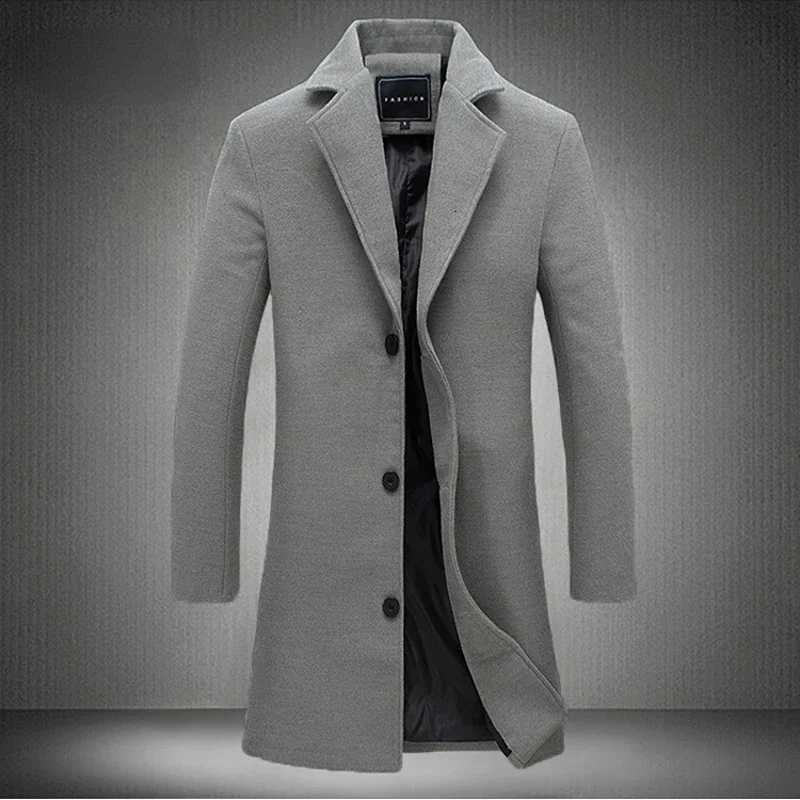 2025 Autumn Winter New Wool Men Long Cotton Coat Blend Pure Color Casual Business Fashion Slim Windbreaker Jacket Men ClothingT251125