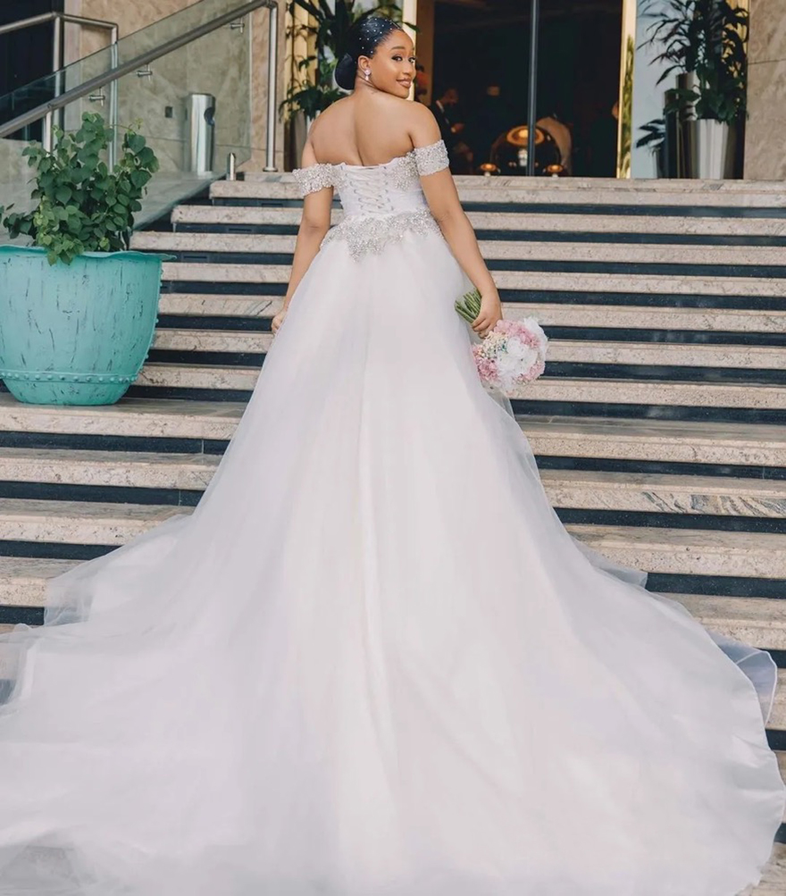2025 Plus Size Mermaid Wedding Dress Bridal Gowns for Bride Off Shoulder Beaded Lace Detachable Beaded Lace Rhinestones Wedding Gowns For African Blac